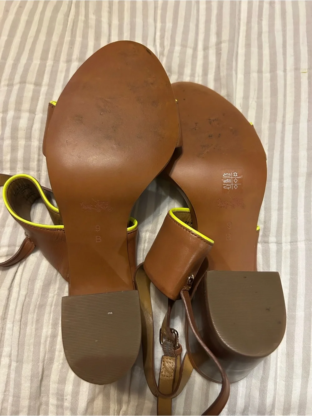 Brown Block Heel Strappy Sandals with Neon Trim